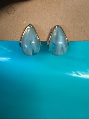 Aqua Blue Teardrop Cabochon Gold Tone Stud Earrings Vintage Style
